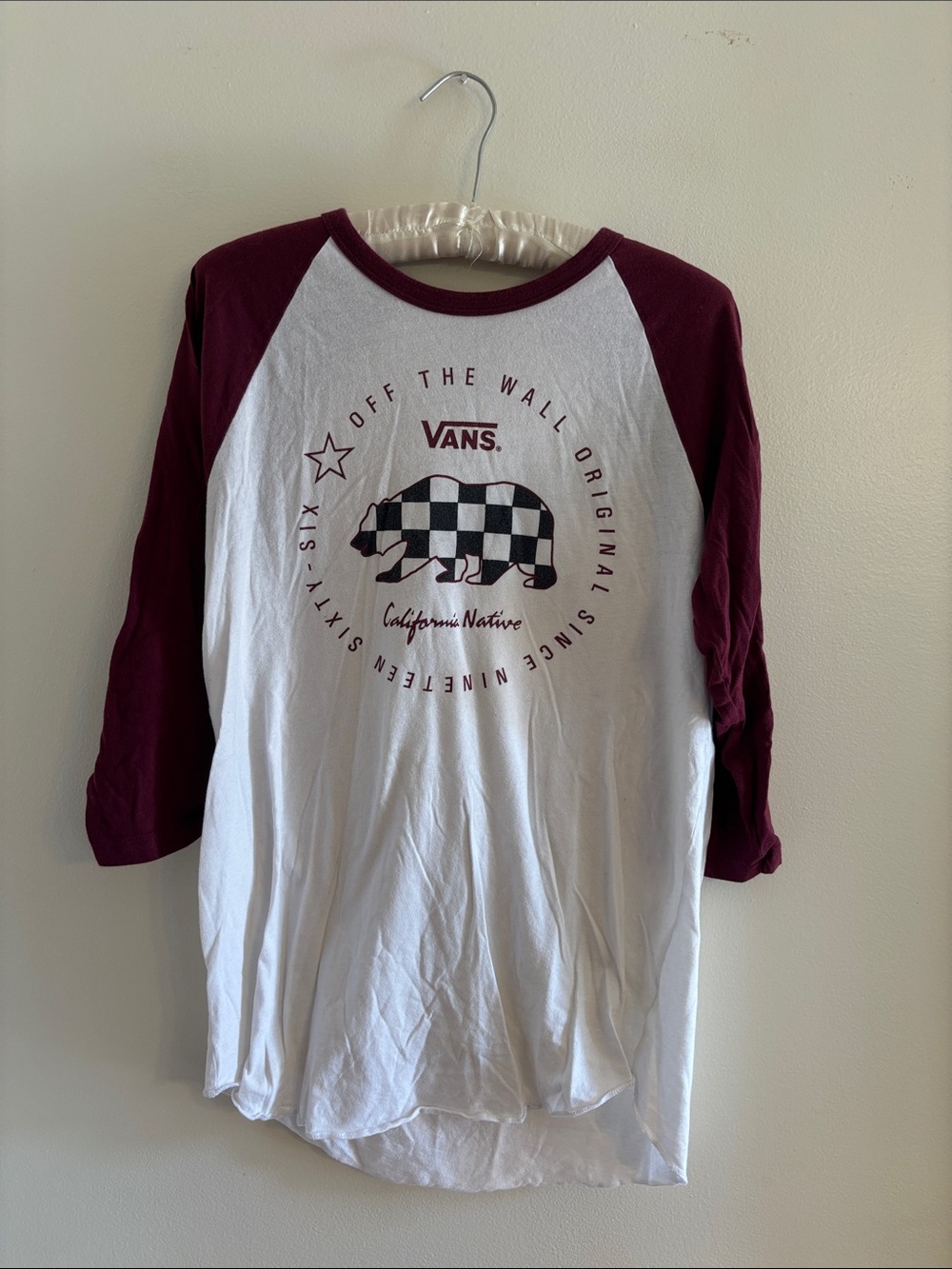 Vans White & Maroon Raglan Bear Graphic Long Sleeve Tee